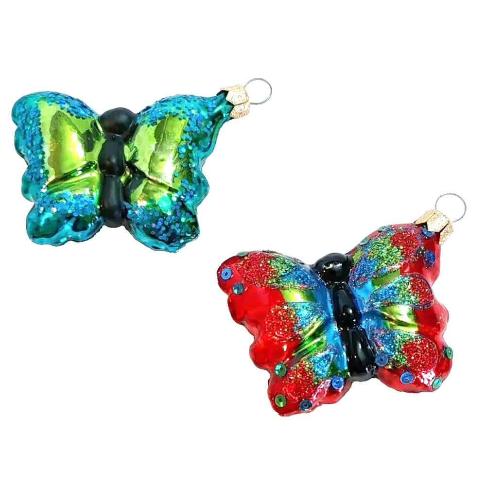Butterfly Christmas Ornaments-Glass /Glitter Accents Set of 2-2.25 inch